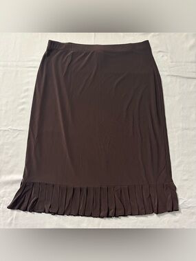 Susan Lawrence Chocolate Brown Slinky Knit Midi Skirt Pleated Ruffle Hem L